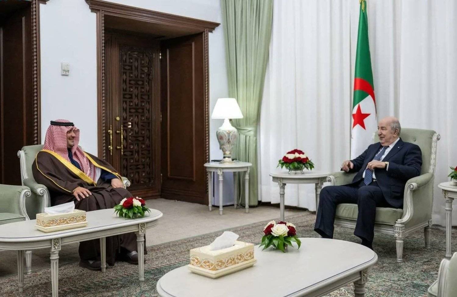 Algerian President Abdelmadjid Tebboune receives Saudi Interior Minister Prince Abdulaziz bin Saud bin Naif bin Abdulaziz in Algiers on Monday. (SPA) 