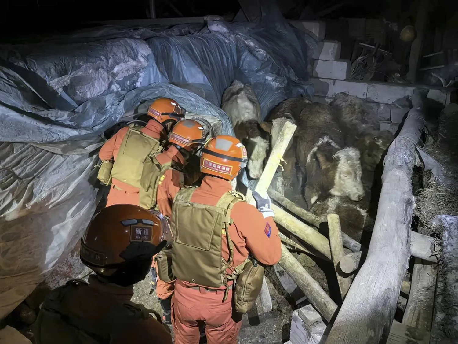In this photo released by Xinhua News Agency, rescuers search through a quake-affected area in Yamansu Township, Wushi County of Aksu prefecture, China's Xinjiang, Tuesday, Jan. 23, 2024. (Wang Xudong/Xinhua via AP)