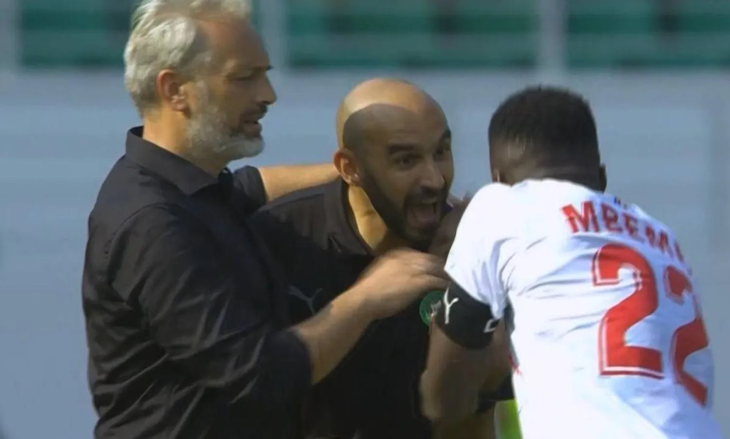 المشادة بين الركراكي مدرب المغرب ومبيمبا لاعب الكونغو (منصة إكس)