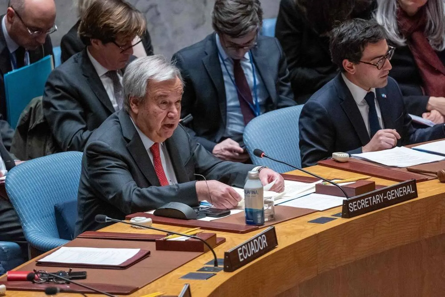 United Nations Secretary-General, Antonio Guterres speaks at a United Nations Security Council (UNSC) meeting on the Middle East, including the situation in Gaza and Israel on January 23, 2024 in New York City. (Getty Images via AFP)