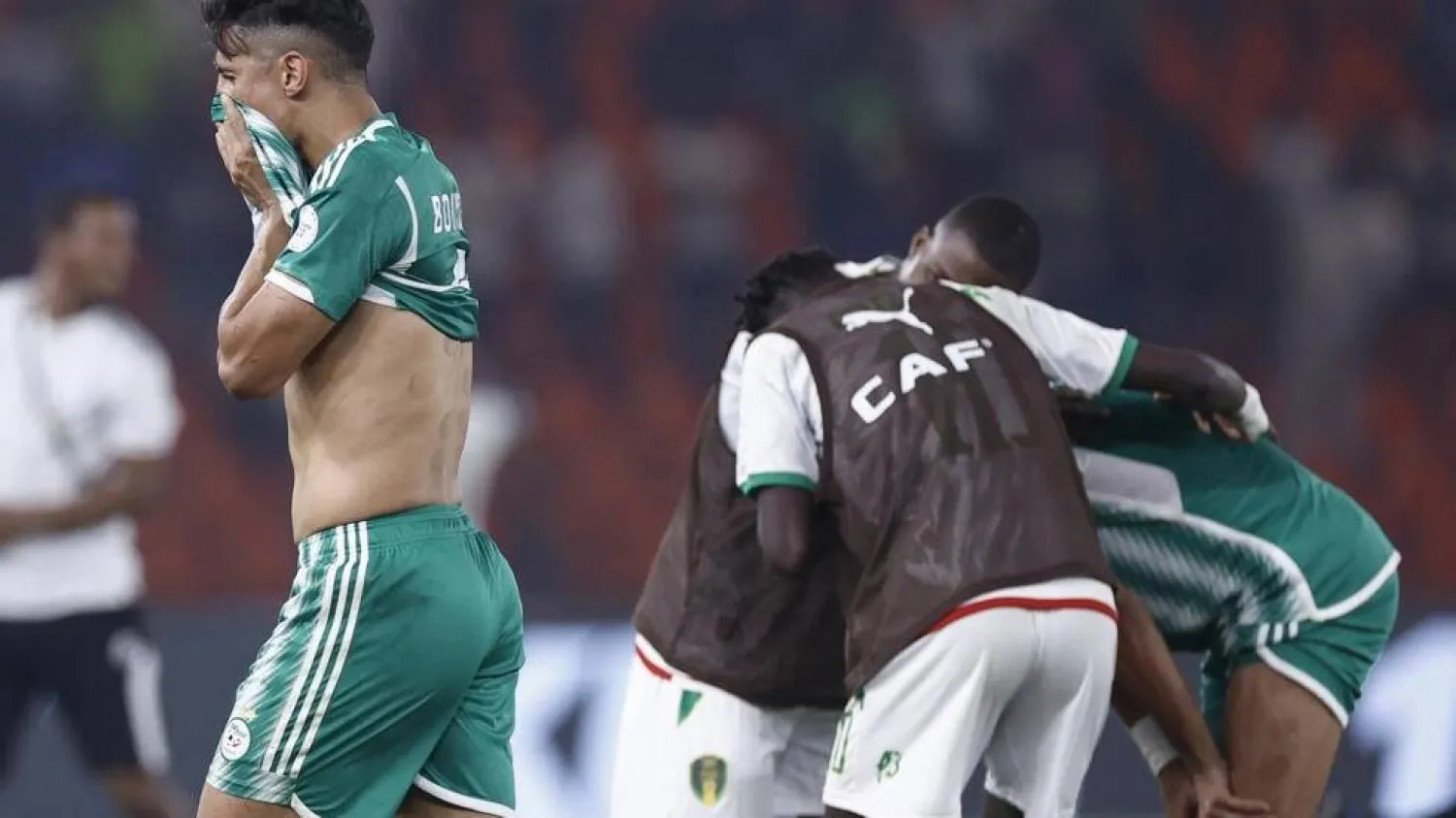 Algeria's Baghdad Bounedjah reacts after defeat by Mauritania sent the 2019 champions packing from the Africa Cup of Nations. KENZO TRIBOUILLARD / AFP
