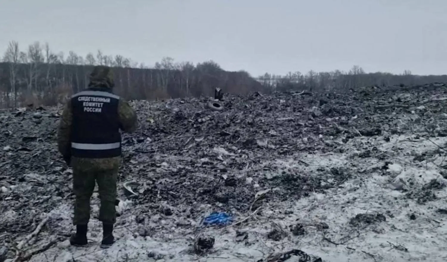 A view shows the crash site of the Russian Ilyushin Il-76 military transport plane near the village of Yablonovo in the Belgorod region, Russia, in this image published January 25, 2024. Russian Investigative Committee/Handout via REUTERS 