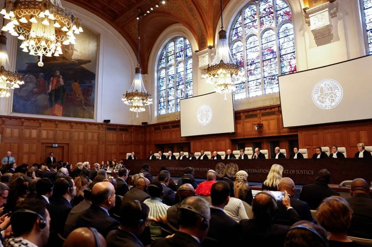  Judges at the International Court of Justice (ICJ) rule on emergency measures against Israel following accusations by South Africa that the Israeli military operation in Gaza is a state-led genocide, in The Hague, Netherlands, January 26, 2024. (Reuters)