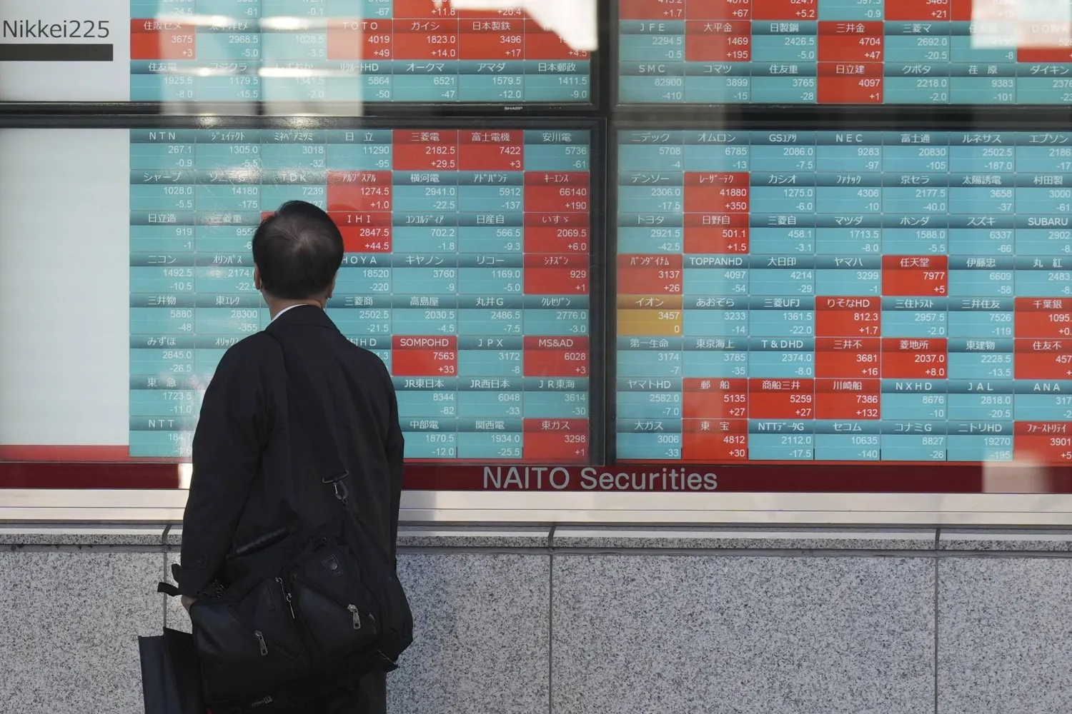 ياباني يراقب تحركات الأسهم بمؤشر «نيكي» على شاشة في وسط العاصمة طوكيو (أ.ب)