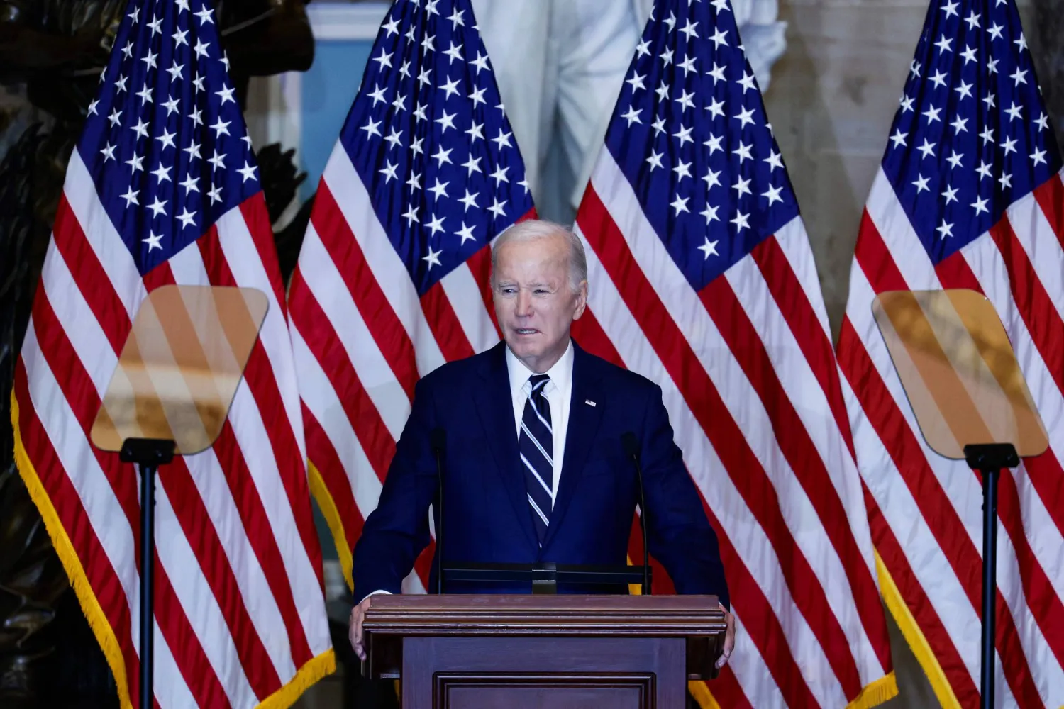 WASHINGTON, DC - FEBRUARY 01: US President Joe Biden gives remarks during the annual National Prayer Breakfast in Statuary Hall in the US Capitol on February 01, 2024 in Washington, DC.  Anna Moneymaker/Getty Images/AFP