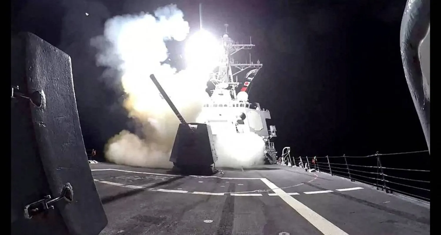 A Tomahawk land attack missile (TLAM) is launched from the US Navy Arleigh Burke-class guided missile destroyer USS Gravely against what the US military describe as Houthi targets in Yemen, February 3, 2024. (US Central Command/Handout via Reuters)