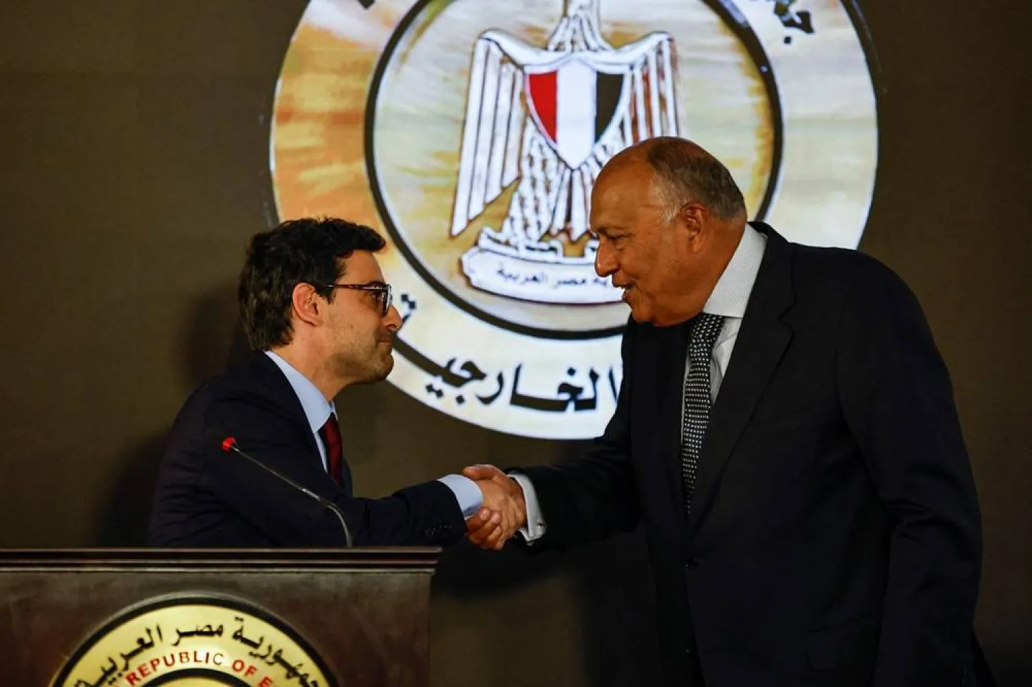 Egypt's Foreign Minister Sameh Shoukry (R) and his French counterpart Stephane Sejourne hold a press conference in Cairo on February 4, 2024. (AFP)