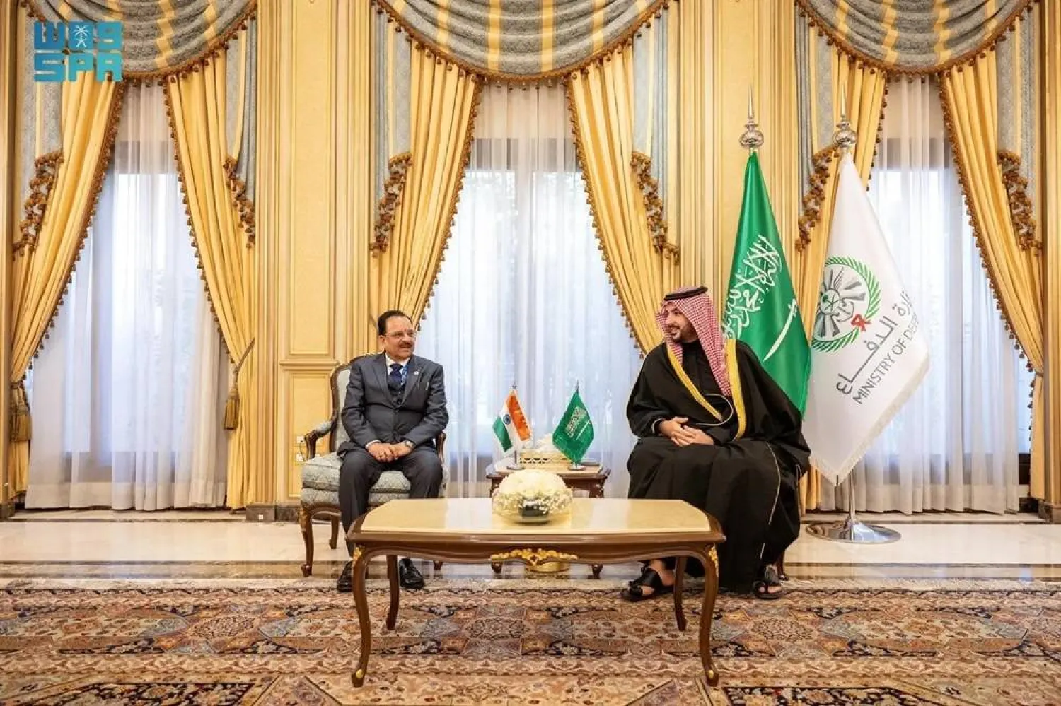 Saudi Defense Minister Prince Khalid bin Salman bin Abdulaziz meets with Indian Minister of State for Defense and Tourism Ajay Bhatt in Riyadh. (SPA)