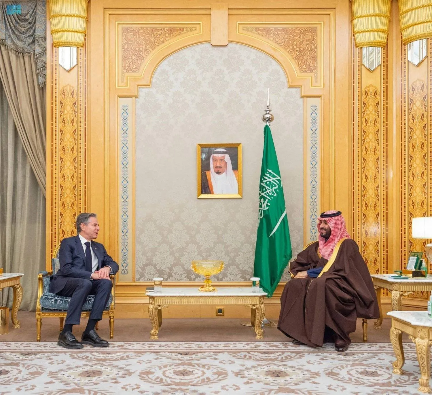 Prince Mohammed bin Salman, Crown Prince and Prime Minister, holds talks with US Secretary of State Antony Blinken in Riyadh on Monday. (SPA)