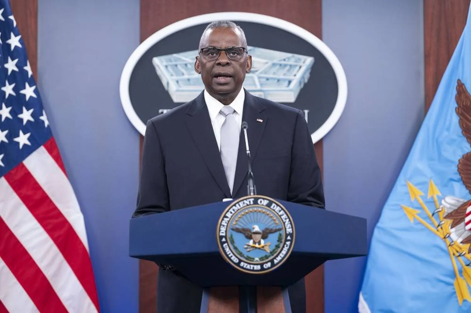 Defense Secretary Lloyd Austin speaks during a Pentagon press briefing at the Pentagon on Thursday, Feb. 1, 2024 in Washington. (AP)