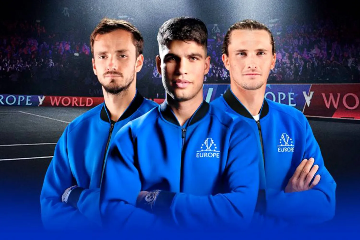 الإسباني ألكاراس (وسط) سيشارك لأول مرة بجانب الألماني زفيريف (يمين) والروسي ميدفيديف (يسار) في فريق أوروبا (الشرق الأوسط)