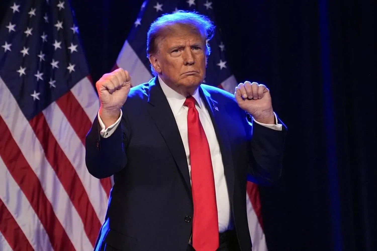  Republican presidential candidate former President Donald Trump dances on stage after speaking at a caucus night rally in Las Vegas, Thursday, Feb. 8, 2024. (AP)