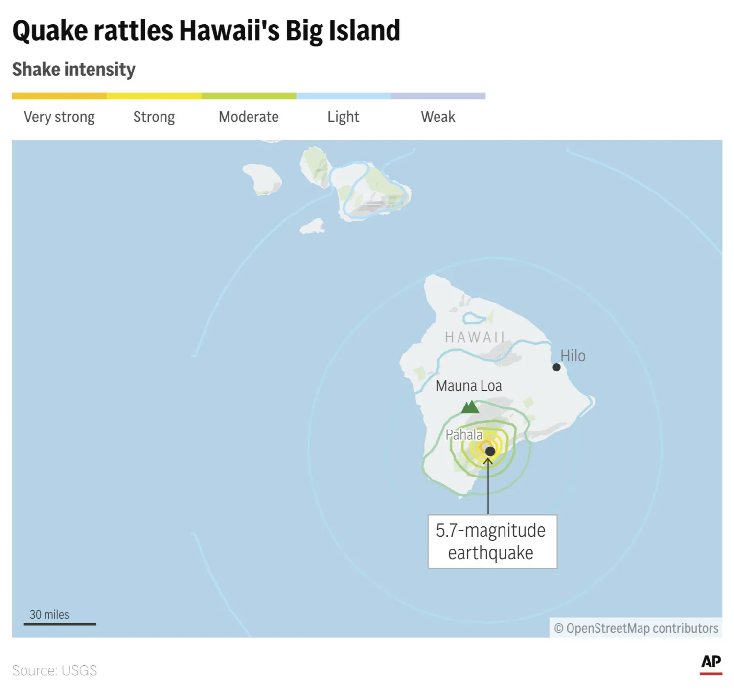 A strong earthquake and several aftershocks hit Hawaii's Big Island Friday. (AP Graphic)