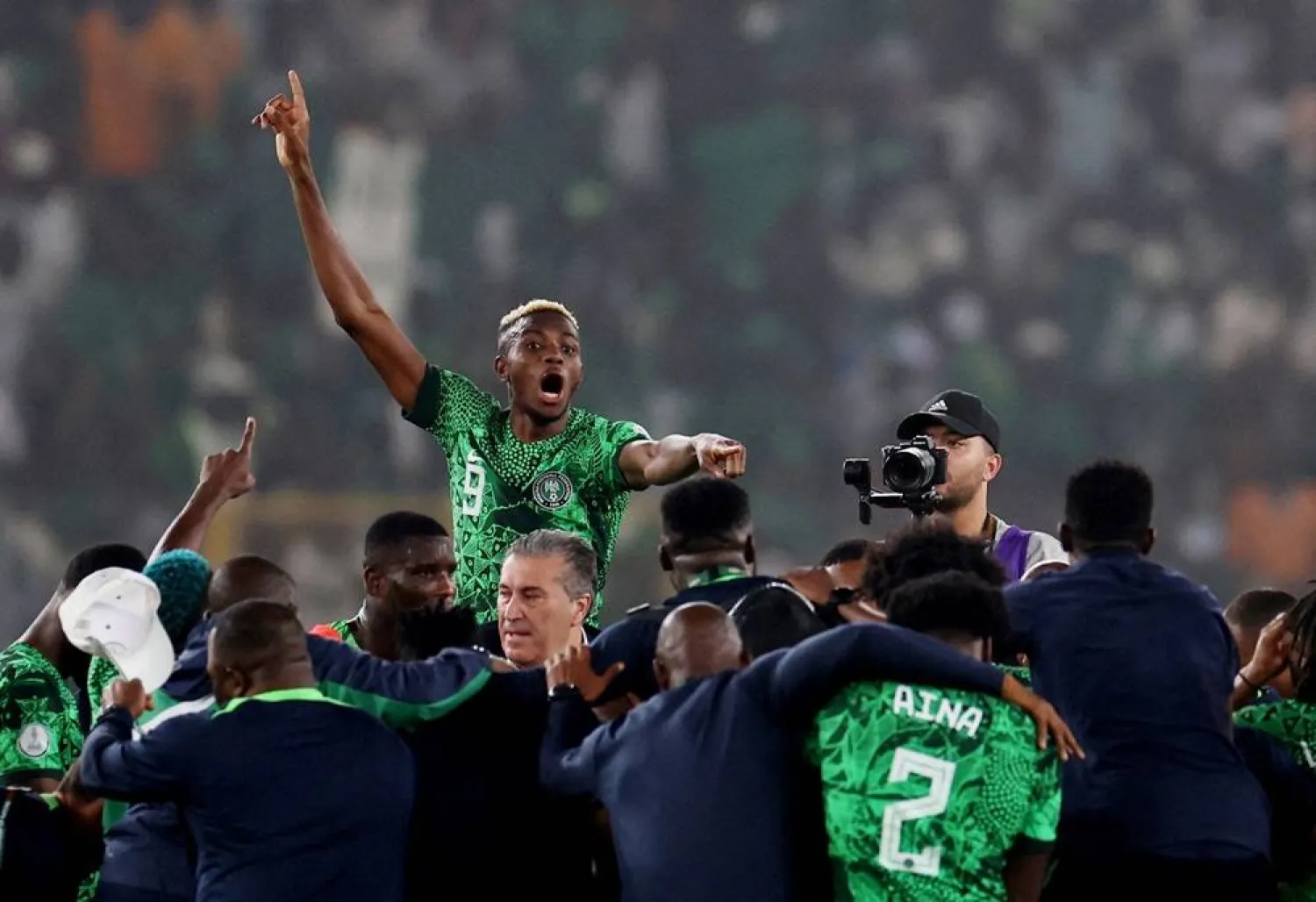 Football - Africa Cup of Nations - Semi Final - Nigeria v South Africa - Stade de la Paix, Bouake, Ivory Coast - February 7, 2024 Nigeria's Victor Osimhen celebrates with teammates after reaching the Africa Cup of Nations final. (Reuters)