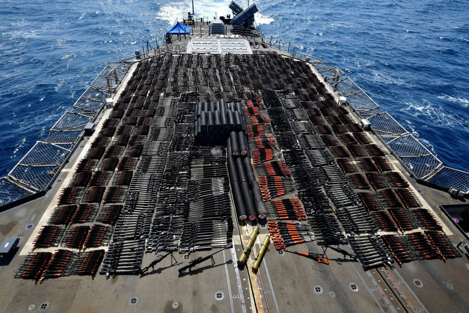 Thousands of illicit weapons are displayed onboard the guided-missile cruiser USS Monterey (CG 61) - File/Reuters