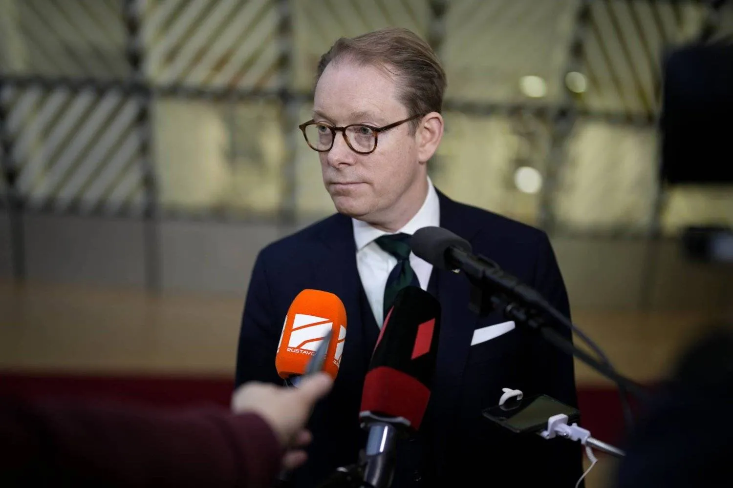 Sweden’s Foreign Minister Tobias Billstrom on the sidelines of the European ministerial meeting in Brussels in December. (AP)