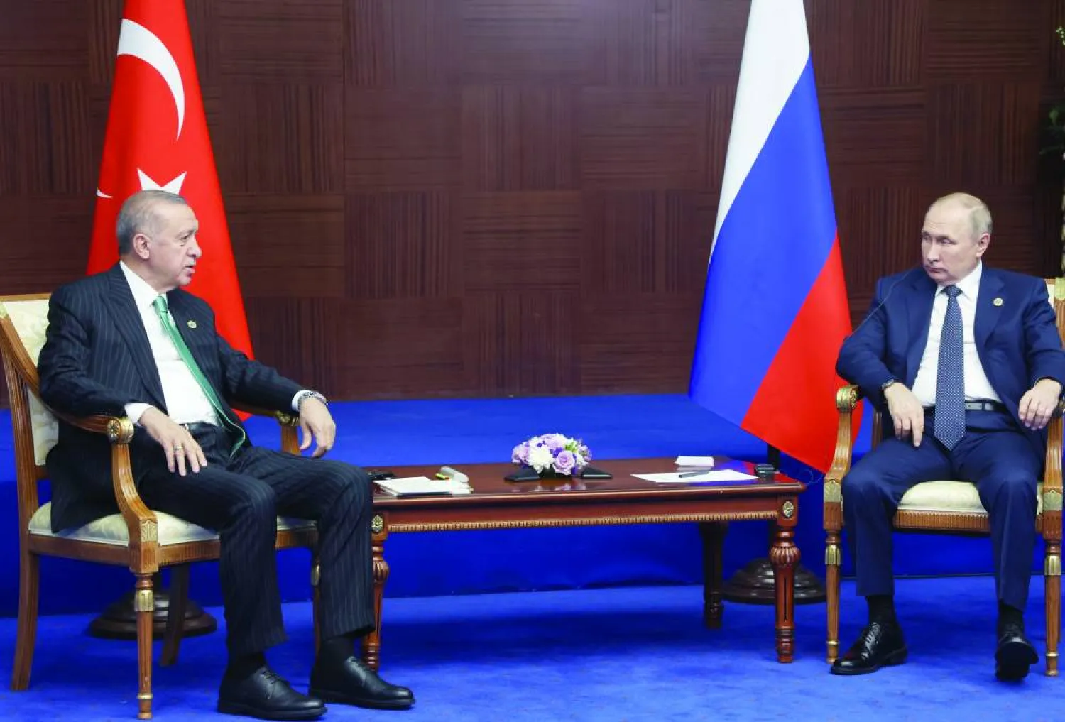 Turkish President Recep Tayyip Erdogan (L) attends a meeting with Russian President Vladimir Putin (R) on the sidelines of the 6th Summit of the Conference on Interaction and Confidence Building Measures in Asia (CICA) in Astana, Kazakhstan, 13 October 2022.  EPA/VYACHESLAV PROKOFYEV/KREMLIN POOL/SPUTNIK/ POOL MANDATORY CREDIT