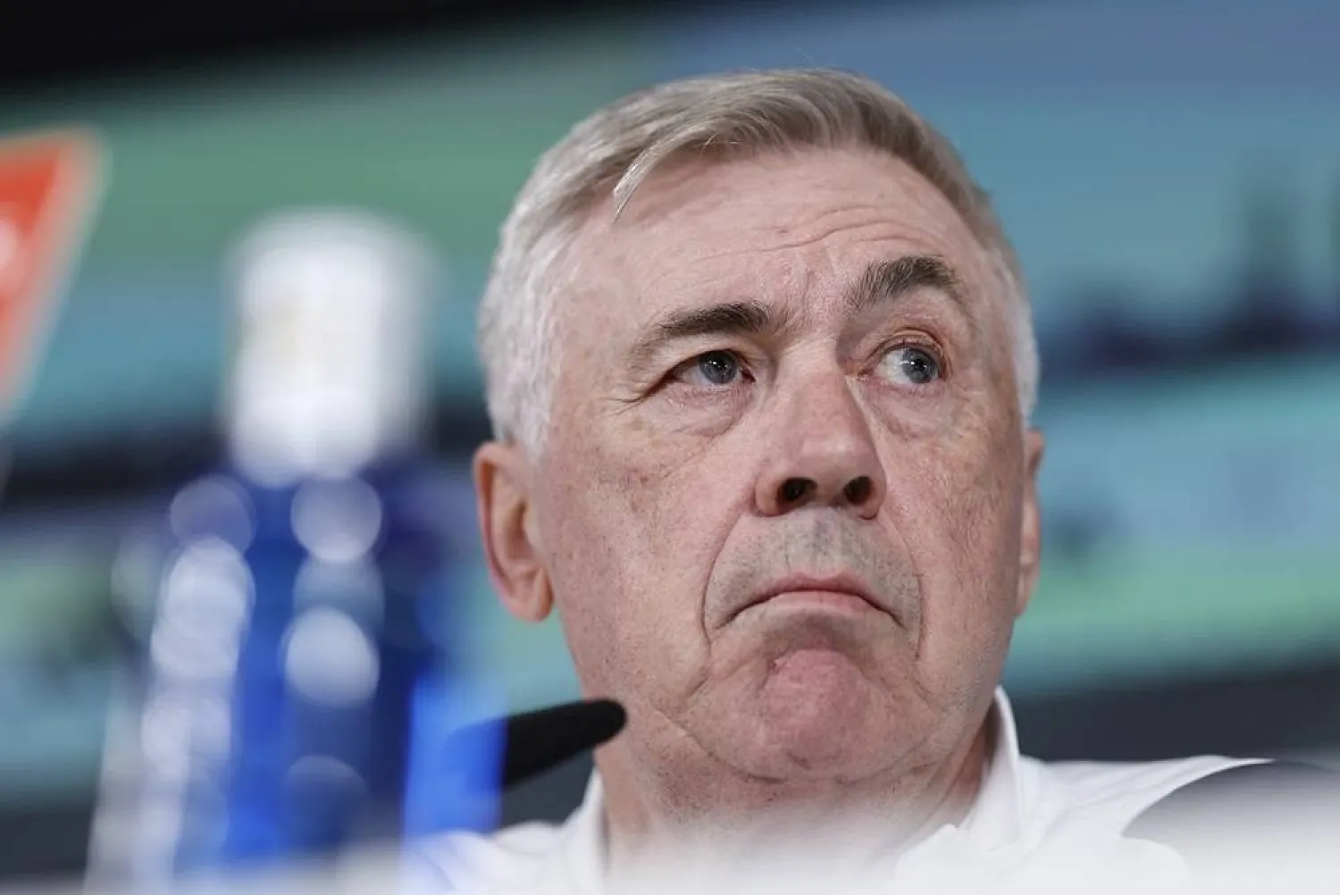 Real Madrid's Italian head coach Carlo Ancelotti holds a press conference following a training session of the team held at Valdebebas sports city in Madrid, Spain, 17 February 2024.(EPA)