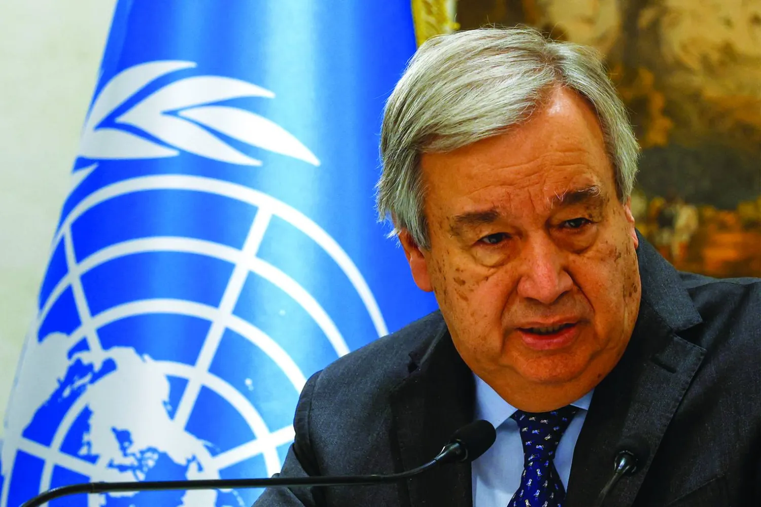 UN Secretary-General Antonio Guterres speaks during a press conference on the meeting with Special Envoys on Afghanistan in the Qatari capital Doha, on February 19, 2024. (Photo by KARIM JAAFAR / AFP)