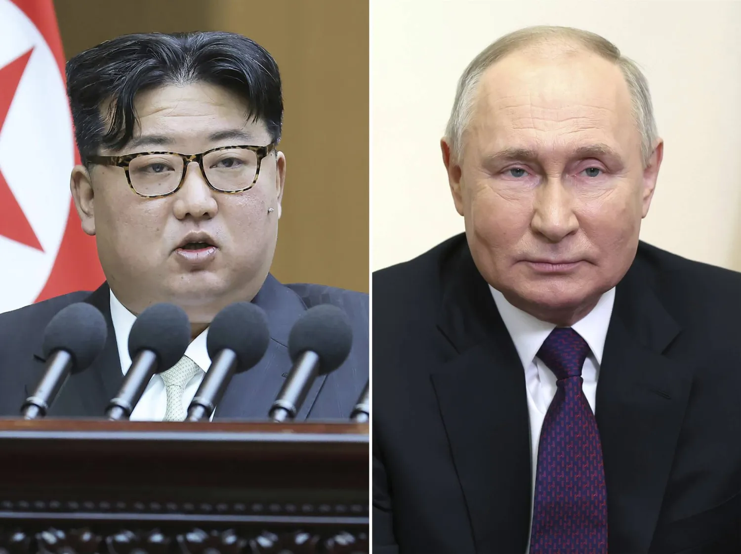 FILE -  This combination of photos shows North Korean leader Kim Jong Un, left, speaks at the Supreme People's Assembly in Pyongyang, North Korea, on Jan. 15, 2024 and Russian President Vladimir Putin delivers a video address to mark the 31st anniversary of the founding of the National Energy Giant Gazprom at the Novo-Ogaryovo state residence, outside Moscow, Russia, on Feb. 17, 2024. (AP Photo, File)