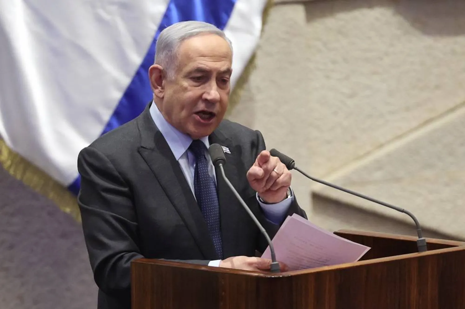 Israeli Prime Minister Benjamin Netanyahu speaks during the voting session for the impeachment of Hadash-Ta’al party MP Ofer Cassif in Jerusalem, 19 February 2024. (EPA)
