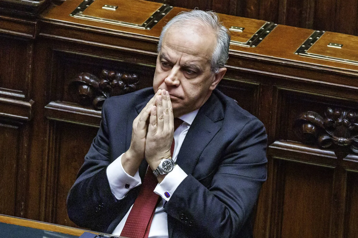 Italy’s Interior Minister Matteo Piantedosi addresses the parliament in Rome, Thursday, Feb. 29, 2024. (Roberto Monaldo/LaPresse via AP)