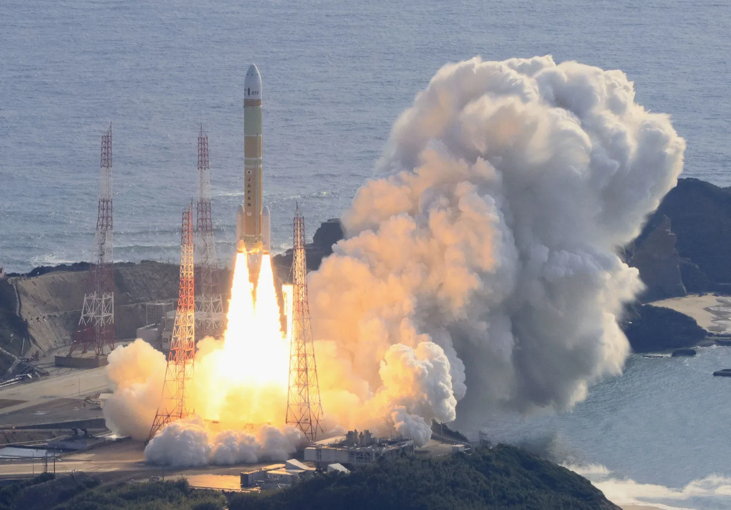 An aerial view shows a second test model of H3 rocket lift off from the launching pad at Tanegashima Space Center on the southwestern island of Tanegashima, Kagoshima Prefecture, Japan February 17, 2024, in this photo taken by Kyodo. Mandatory credit Kyodo via REUTERS Purchase Licensing Rights