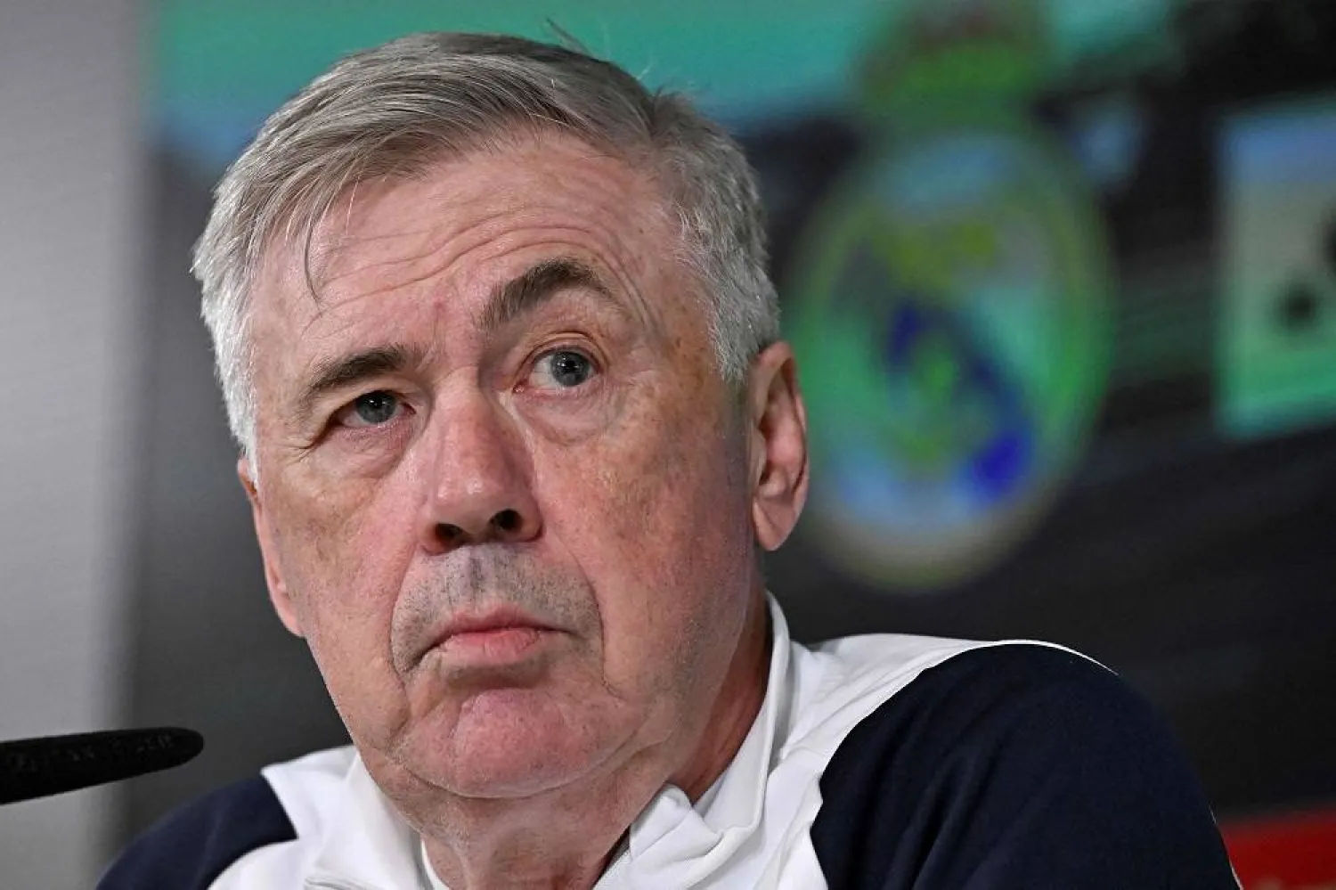 Real Madrid's Italian coach Carlo Ancelotti gives a press conference at the Ciudad Real Madrid training ground in Valdebebas, outskirts of Madrid, on February 24, 2024. (AFP)
