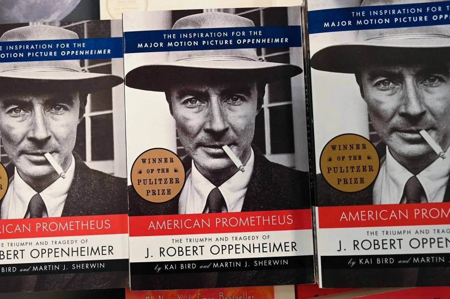 The book “American Prometheus: The Triumph and Tragedy of J. Robert Oppenheimer” by Kai Bird and Martin J. Sherwin is seen on display March 5, 2024 at a bookstore in Los Angeles. (AFP)