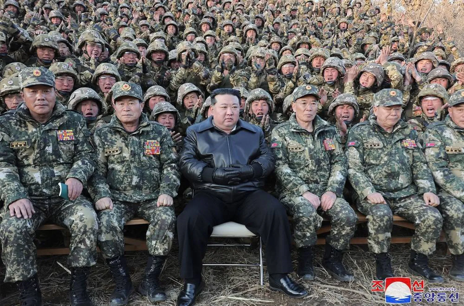 This picture taken on March 6, 2024 and released by North Korea's official Korean Central News Agency (KCNA) on March 7 shows North Korean leader Kim Jong Un (C) inspecting a major operational training base in the western area of the Korean People's Army (KPA) at an undisclosed location in North Korea. (Photo by KCNA via KNS / AFP)