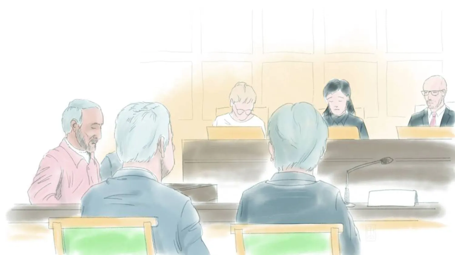 رسم لحميد نوري المتهم بالتورط في إعدامات 1988 أثناء استجوابه في محكمة استوكهولم في 23 نوفمبر 2021 (رويترز)