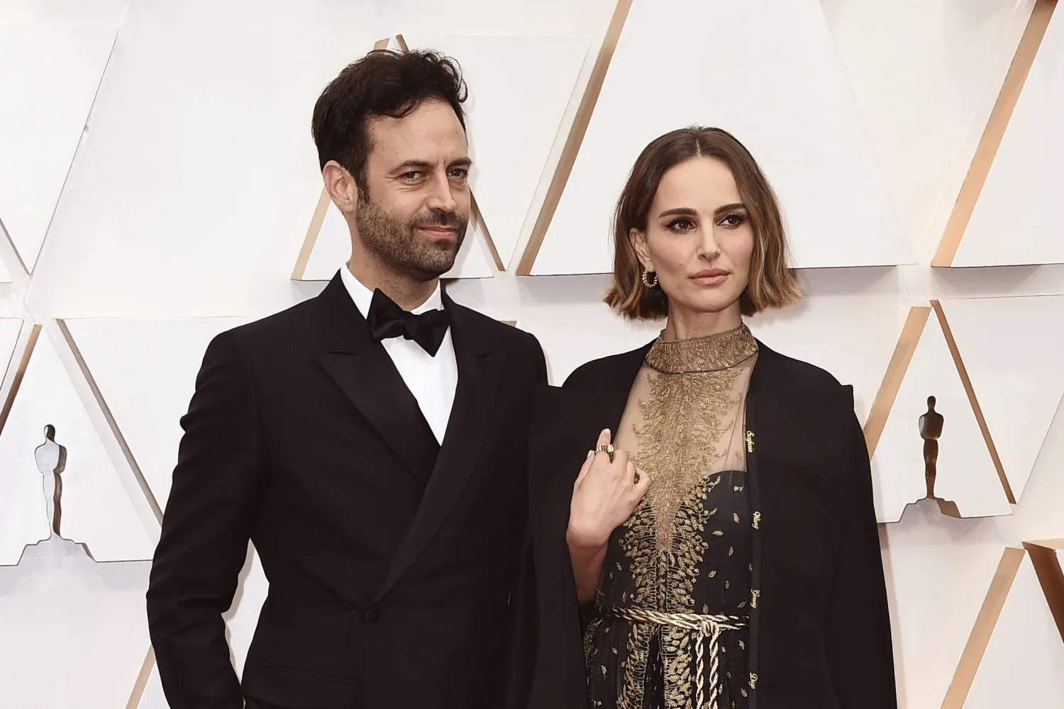 FILE - Benjamin Millepied, left, and Natalie Portman appear at the Oscars in Los Angeles on Feb. 9, 2020. (Photo by Jordan Strauss/Invision/AP, File)