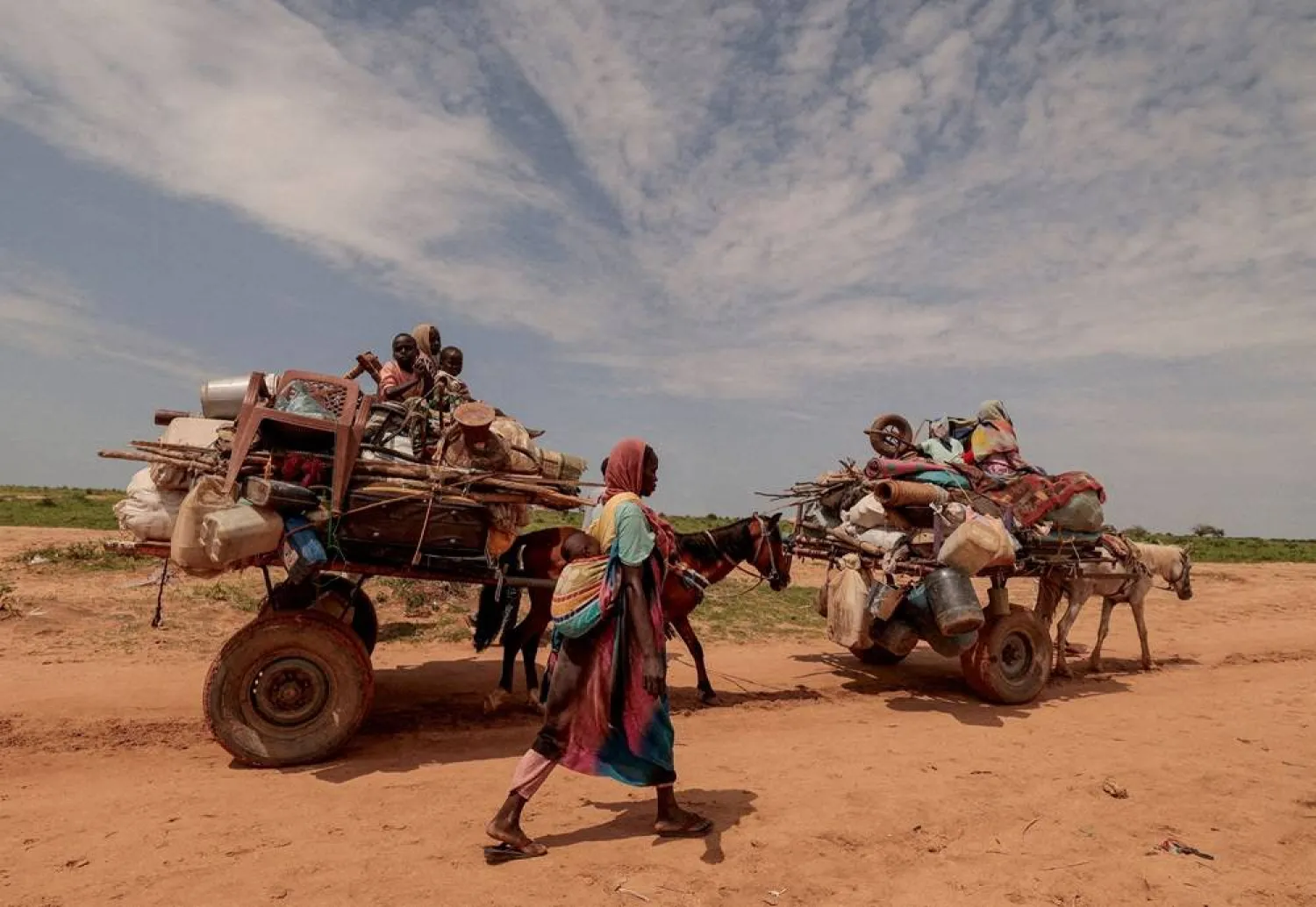 A Sudanese woman, who fled the conflict in Murnei in Sudan's Darfur region, walks beside carts carrying her family belongings upon crossing the border between Sudan and Chad in Adre, Chad August 2, 2023. (Reuters)