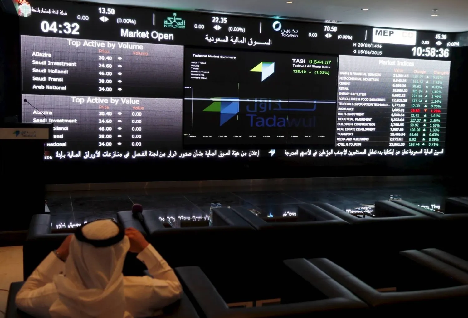 مستثمر يتابع تحركات أسعار الأسهم على شاشة «تداول» السعودية (رويترز)