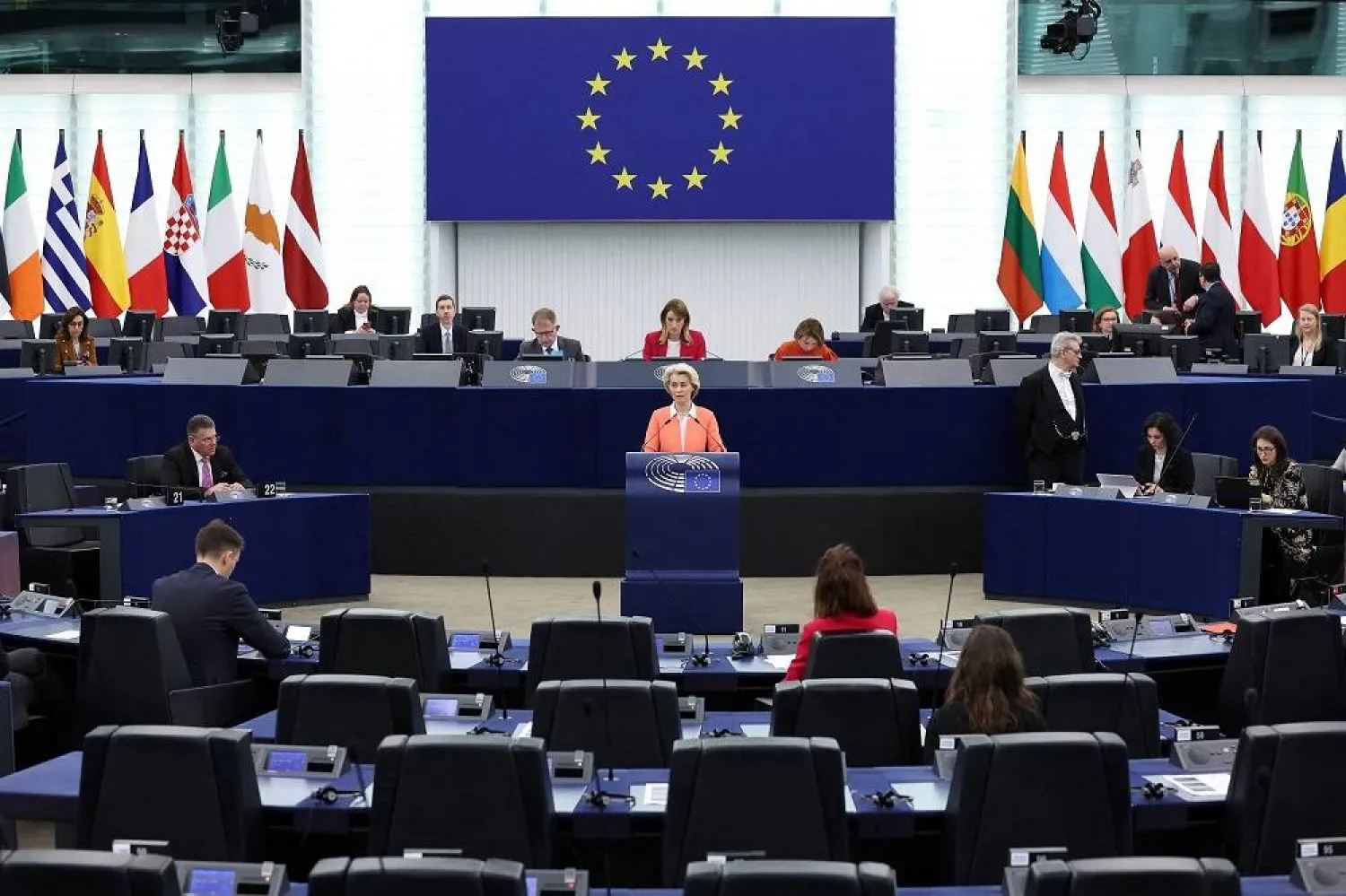 European Commission President Ursula von der Leyen speaks during a debate on the next European summit as part of a plenary session at the European Parliament in Strasbourg on March 12, 2024. (AFP)