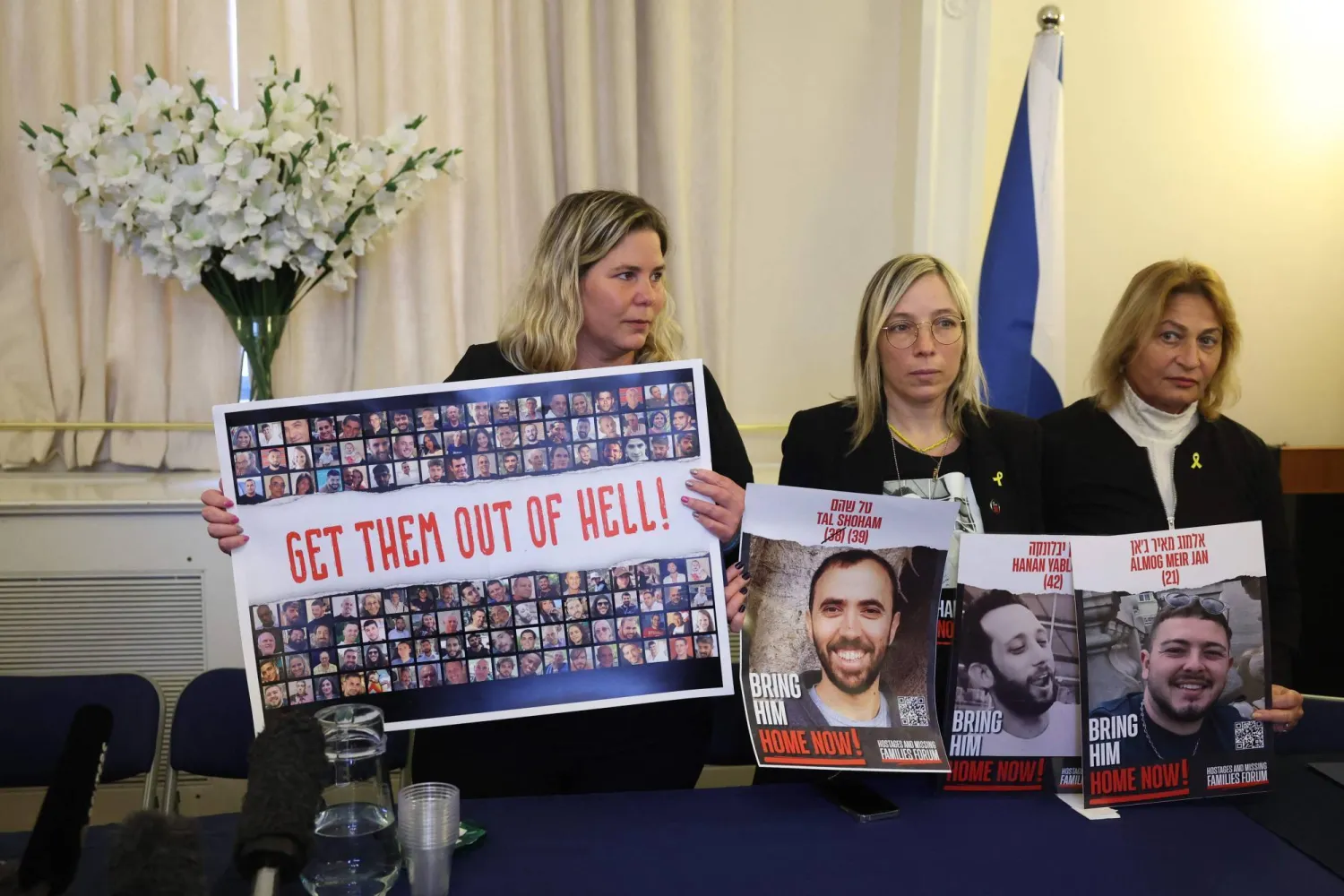 A press conference at the Israeli Embassy in London on March 7 for the families of Israelis detained by Hamas in the Gaza Strip (AFP)