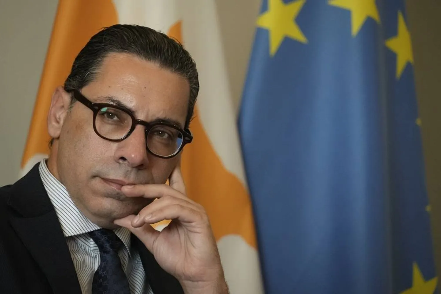  Cyprus' foreign minister Constantinos Kombos talks during a briefing at the foreign ministry house in Nicosia, Cyprus, on Wednesday, March 13, 2024. (AP)