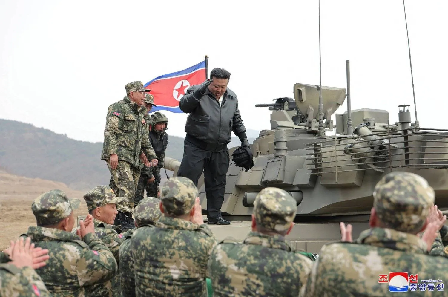 A photo released by the official North Korean Central News Agency (KCNA) North Korean Supreme leader Kim Jong Un reacts during a training competition involving tank units of the Korean People's Army (KPA), at an undisclosed location in North Korea, 13 March 2024 (issued 14 March 2024). EPA/KCNA