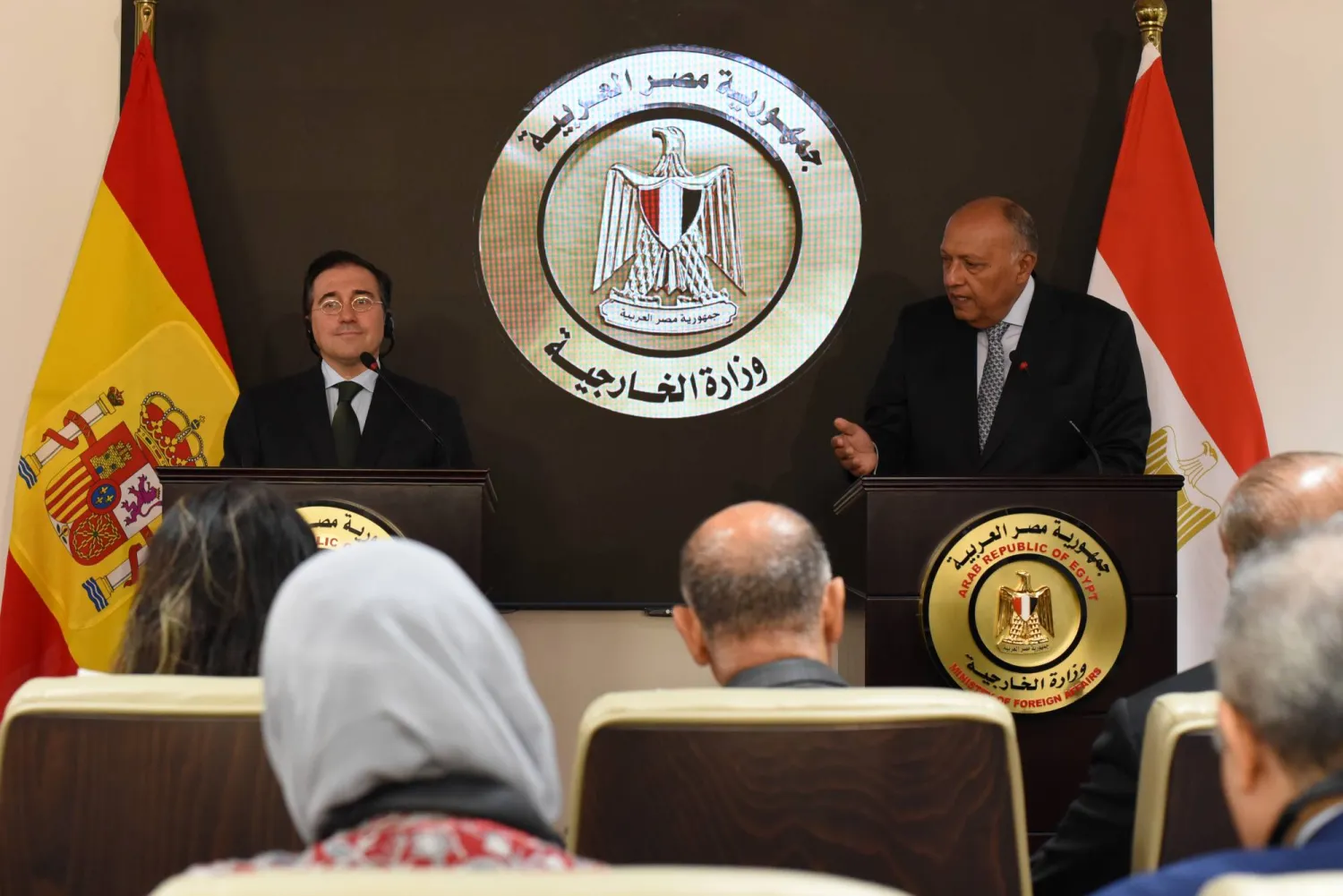 Egyptian Foreign Minister Sameh Shoukry (R) and Spanish Foreign Minister Jose Manuel Albares (L) give a joint press conference at the foreign ministry office at the New Administrative Capital (NAC), Egypt, 14 March 2024. EPA/TAREK WAJEH