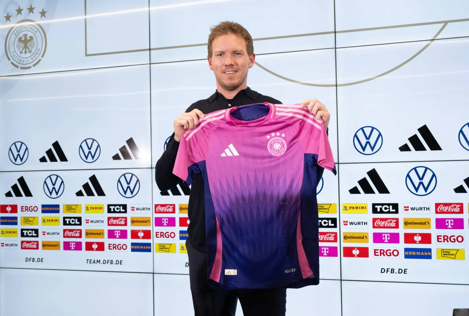 14 March 2024, Hesse, Frankfurt: Germany coach Julian Nagelsmann presents the DFB team's new official European Championship jersey at a press conference. Photo: Boris Roessler/dpa