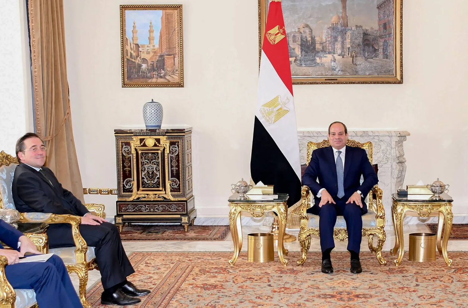 A handout photo made available by the Egyptian Presidency shows Egypt's President Abdel Fattah al-Sisi (R) meeting with Spanish Foreign Minister Jose Manuel Albares (L) in Cairo, Egypt, 14 March 2024. EPA/EGYPTIAN PRESIDENCY HANDOUT  