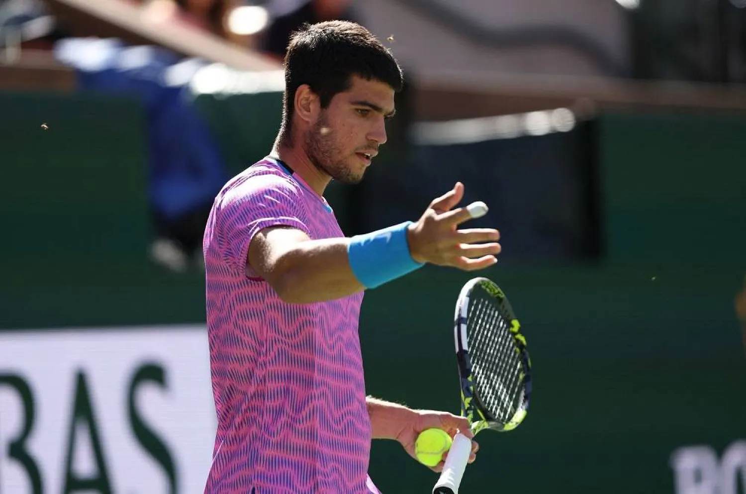 Carlos Alcaraz of Spain tries to brush off a swam of bees that invaded the court while playing against Alexander Zverev of Germany in their Quarterfinal match during the BNP Paribas Open at Indian Wells Tennis Garden on March 14, 2024, in Indian Wells, California. (Getty Images/AFP) 