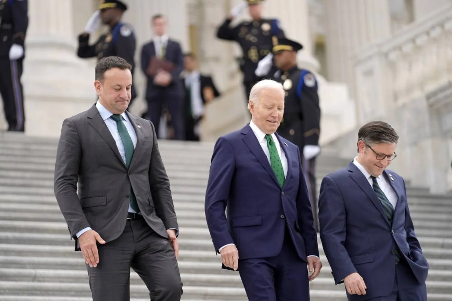  Ireland's Prime Minister Leo Varadkar, from left, President Joe Biden and House Speaker Mike Johnson, R-La., depart after attending a Friends of Ireland luncheon on Capitol Hill, Friday, March 15, 2024, in Washington. (AP) 