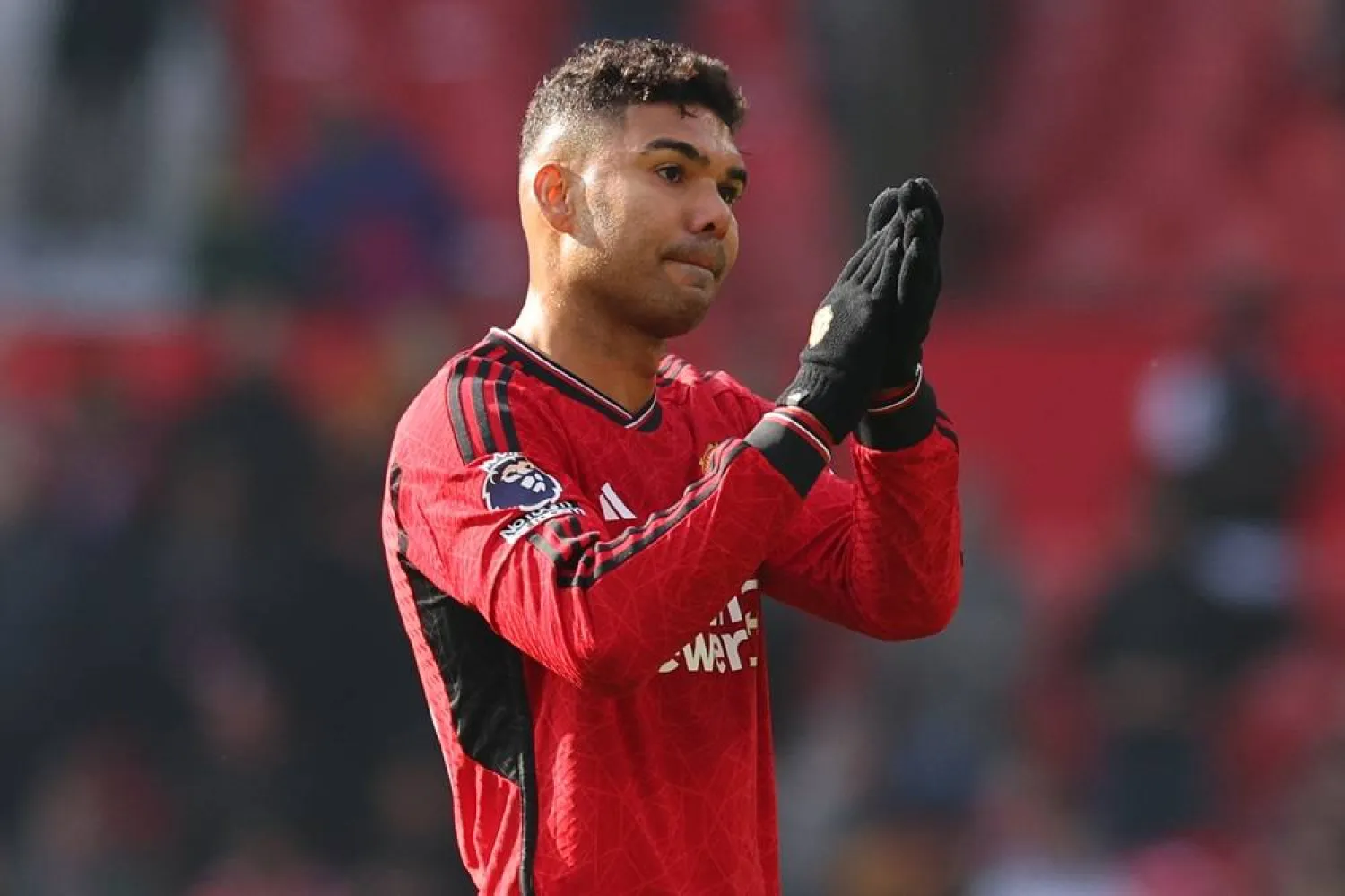 Casemiro of Manchester United thanks the fans after the English Premier League match between Manchester United and Everton FC, at Old Trafford, Manchester, Britain, 09 March 2024. (EPA)
