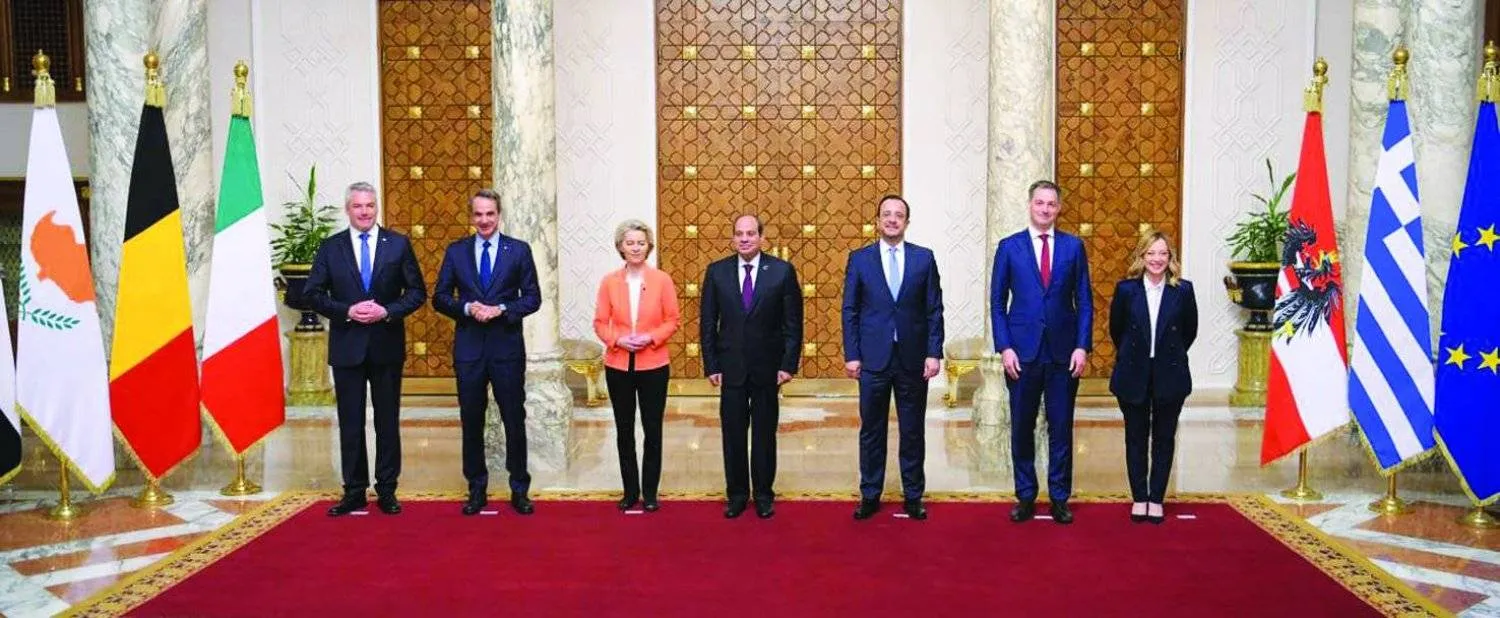Egyptian President Abdel Fattah el-Sisi, EU Commission President Ursula von der Leyen, the Italian, Greek, Austrian and Belgian prime ministers, and the Cypriot president. (Egyptian Presidency)