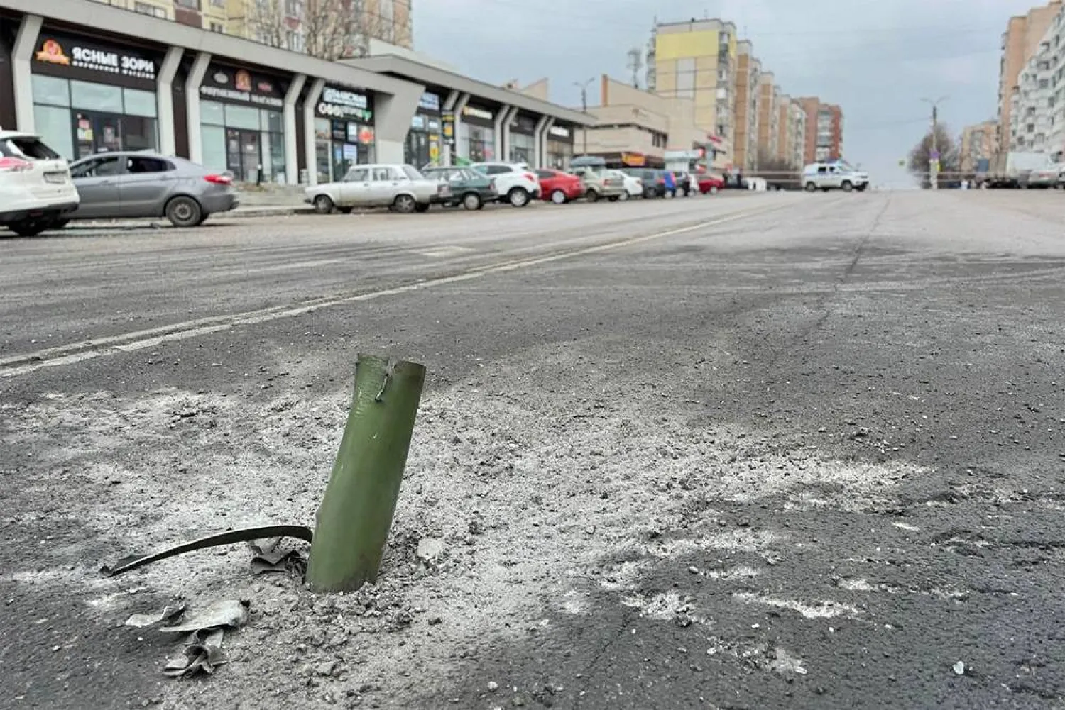 This handout photograph published on the official Telegram account of the Belgorod region governor Vyacheslav Gladkov, on March 17, 2024, shows a fragment of a rocket following a missile strike in Belgorod. (Photo by Handout / Telegram / @vvgladkov / AFP) 