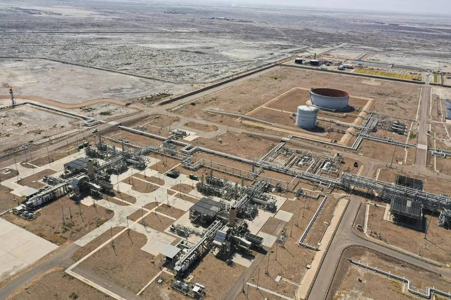An aerial view shows Majnoon oil field near Basra, Iraq, May 12, 2023. (Reuters)