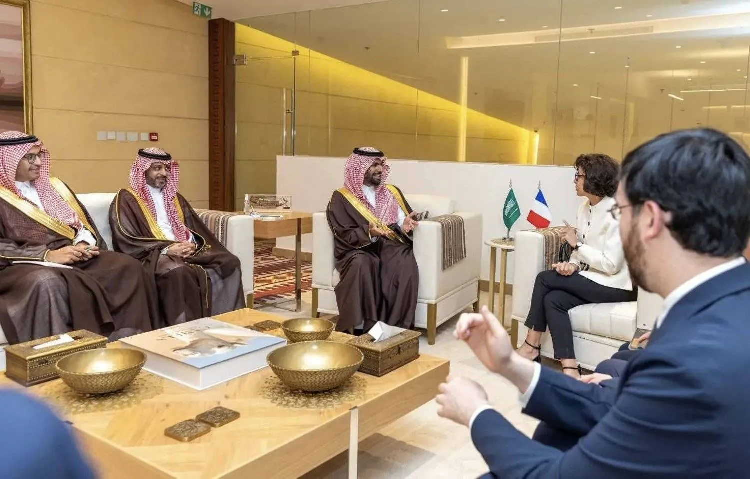 Saudi Minister of Culture Prince Badr bin Abdullah bin Farhan meets with his French counterpart, Rachida Dati, in Riyadh. SPA