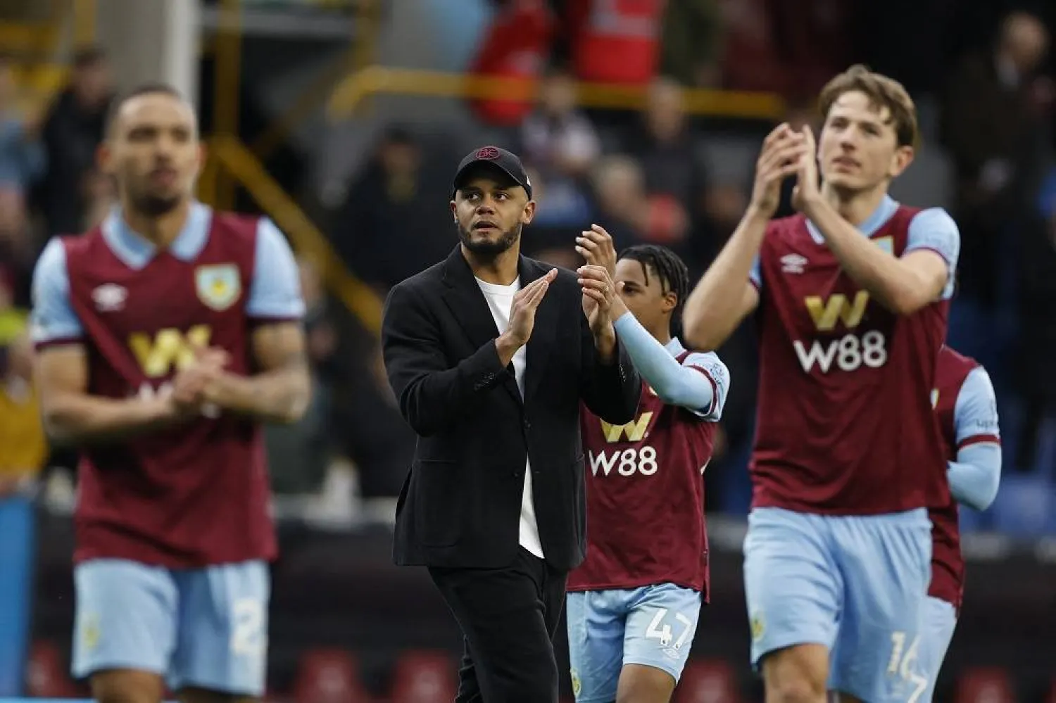 Football - Premier League - Burnley v Brentford - Turf Moor, Burnley, Britain - March 16, 2024 Burnley manager Vincent Kompany applauds fans after the match. (Reuters)