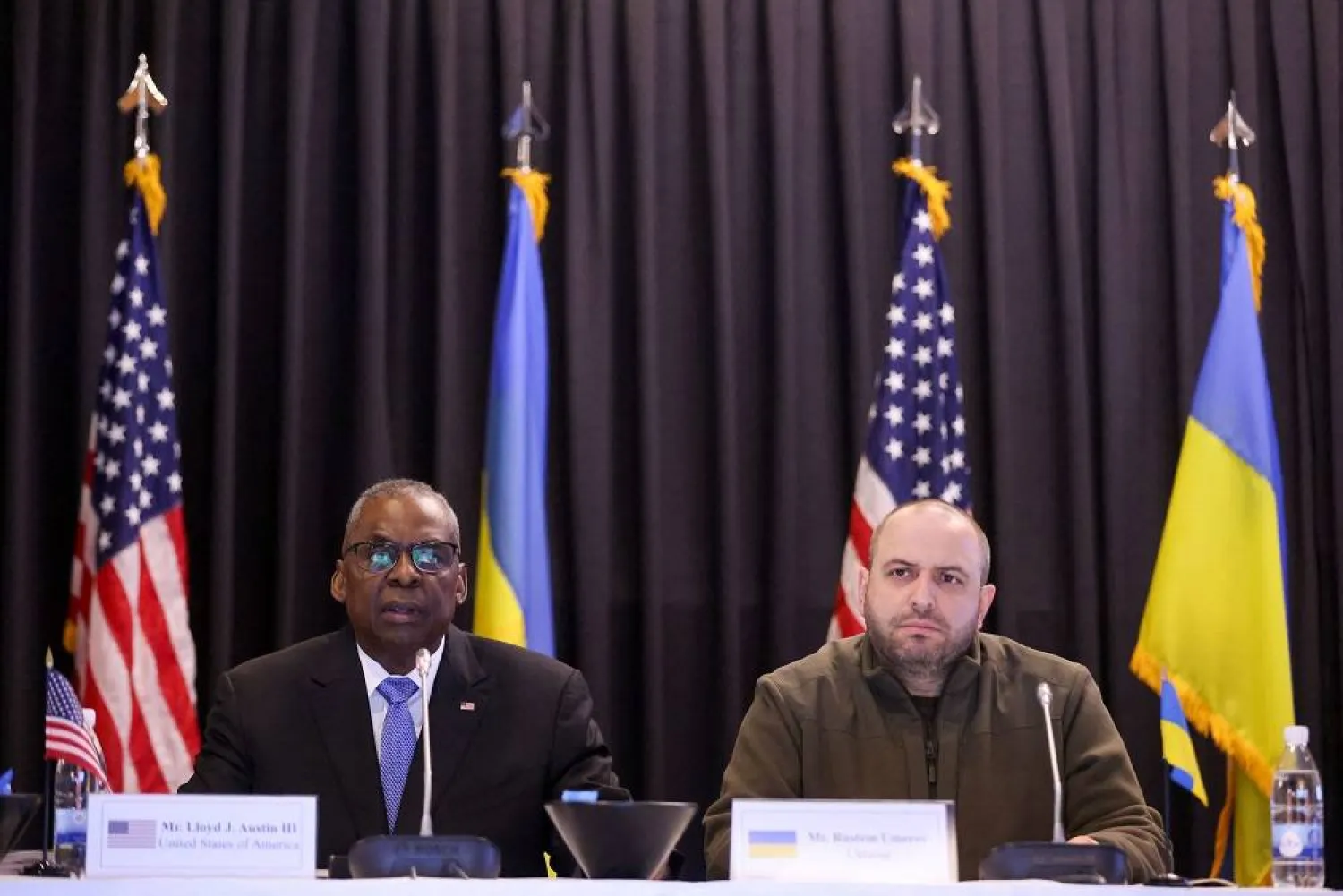 US Secretary of Defense Lloyd Austin and Ukrainian Defense Minister Rustem Umerov attend a meeting of the Ukraine Defense Contact Group at the American military's Ramstein Air Base, near Ramstein-Miesenbach, Germany, March 19, 2024. (Reuters)